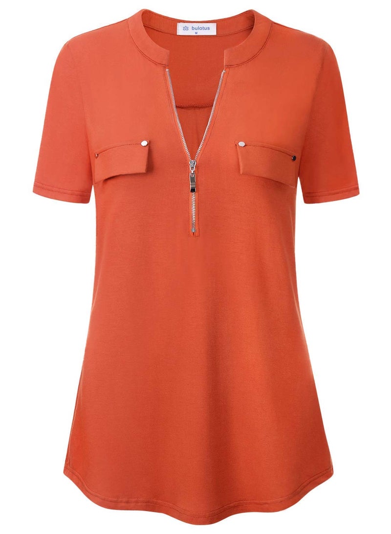 Bulotus Work Tops for Women Office Short Sleeve Tunics or Tops to Wear with Leggings Zip Professional Teacher Clothes Dressy Summer Blouses, Orange, 2XL - Image 5